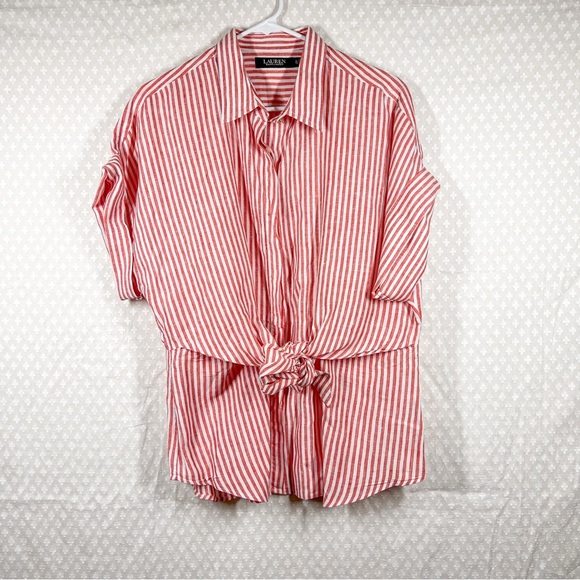 Lauren Ralph Lauren Black Label Red Striped Linen Tie Waist Top - Picture 2 of 5